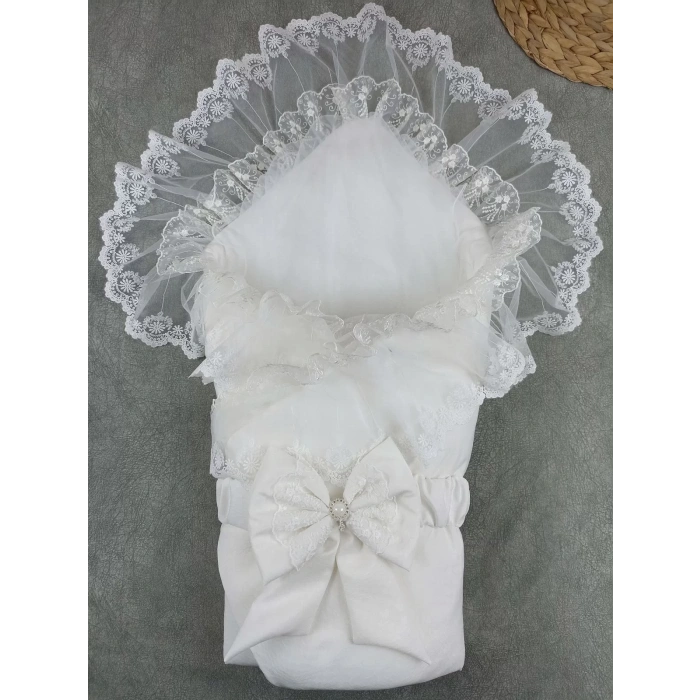 Yenidoğan Bambu Nakışlı Delüks Kundak Bebek Battaniyesi Ekru