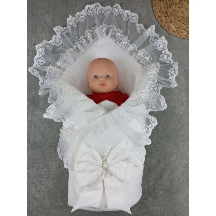 Yenidoğan Bambu Nakışlı Delüks Kundak Bebek Battaniyesi Ekru