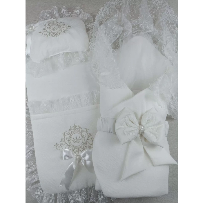 Yenidoğan Bambu Nakışlı Kundaklı Trilüks 3Lü Alt Açma Seti Ekru