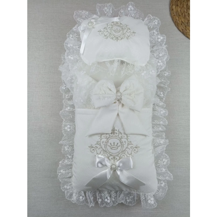 Yenidoğan Bambu Nakışlı Kundaklı Trilüks 3Lü Alt Açma Seti Ekru