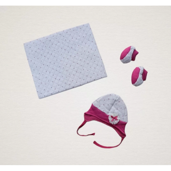 Yenidoğan Baskılı Double Face Şapka Ve Patikli 3Lü Bebek Battaniye Takımı Fuşya