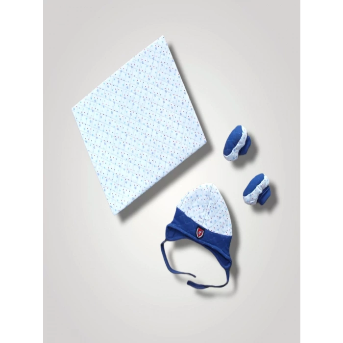 Yenidoğan Baskılı Double Face Şapka Ve Patikli 3Lü Bebek Battaniye Takımı Lacivert