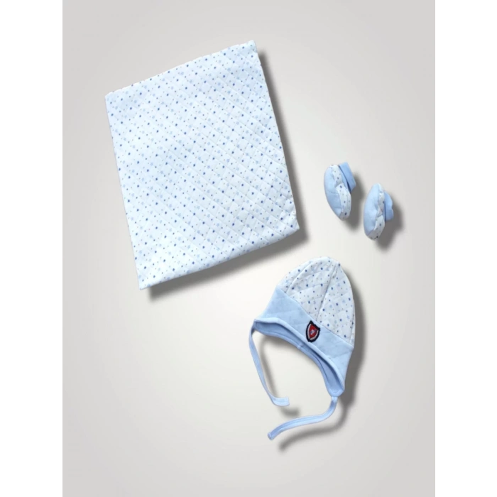 Yenidoğan Baskılı Double Face Şapka Ve Patikli 3Lü Bebek Battaniye Takımı Mavi