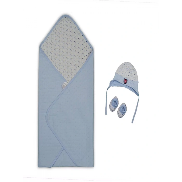 Yenidoğan Baskılı Double Face Şapka Ve Patikli 3Lü Bebek Battaniye Takımı Mavi