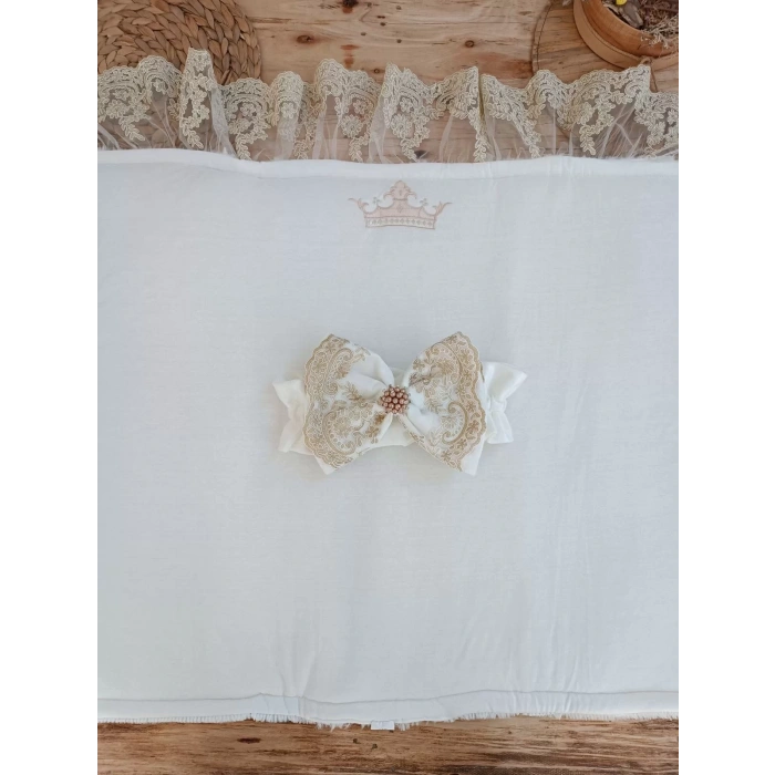 Yenidoğan Beyaz Wool Yün Kumaş Nakışlı Trilüks Kundak Bebek Battaniyesi Beyaz