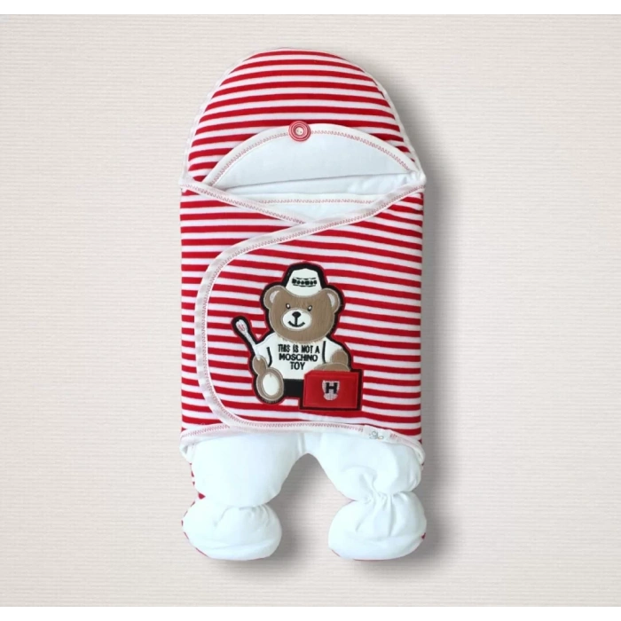 Yenidoğan Dr. Ayıcık Nakışlı Kız-Erkek Bebek Ayaklı Kundak Bebek Battaniyesi Kırmızı