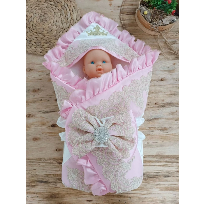 Yenidoğan Grand Lüks Kelebek Ağır Güpür İşlemeli Şapkalı Bebek Battaniyesi Kundak Pembe
