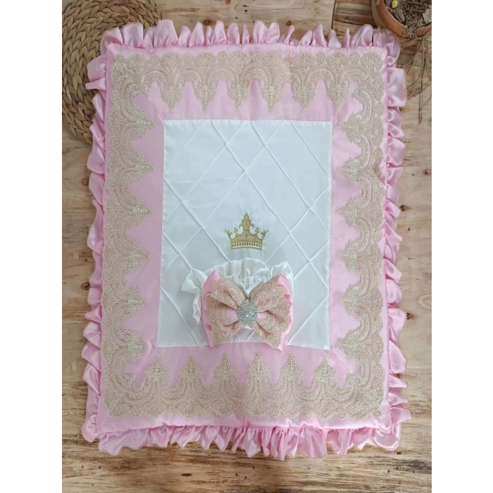 Yenidoğan Grand Lüks Kelebek Ağır Güpür İşlemeli Şapkalı Bebek Battaniyesi Kundak Pembe