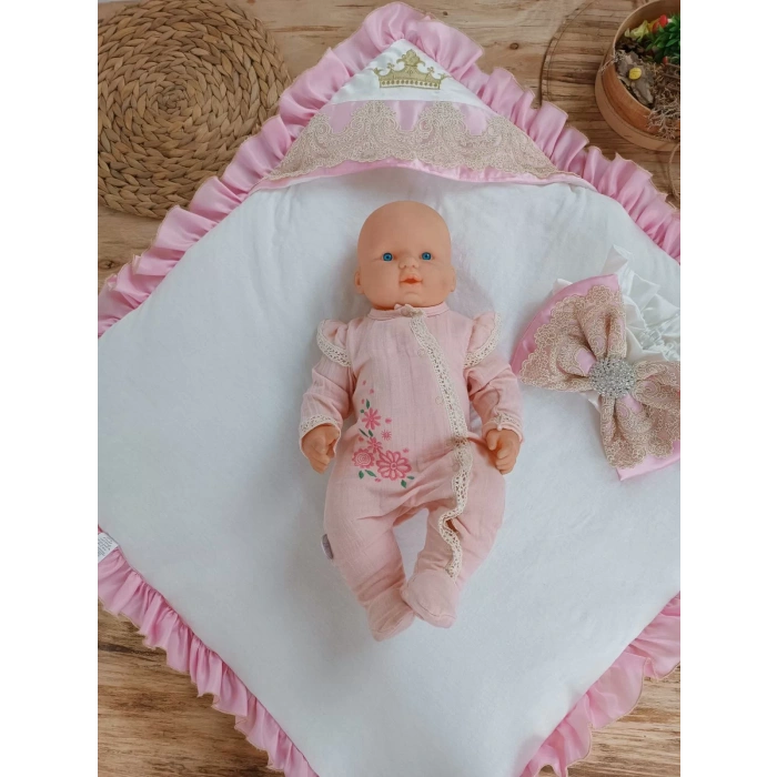 Yenidoğan Grand Lüks Kelebek Ağır Güpür İşlemeli Şapkalı Bebek Battaniyesi Kundak Pembe