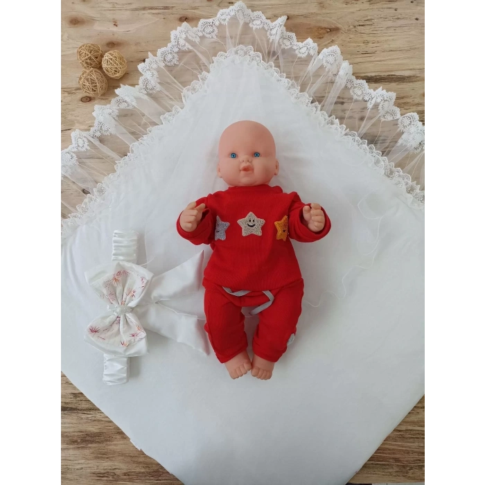 Yenidoğan Hanımeli Desenli Nakışlı Delüks Kundak Bebek Battaniyesi Ekru