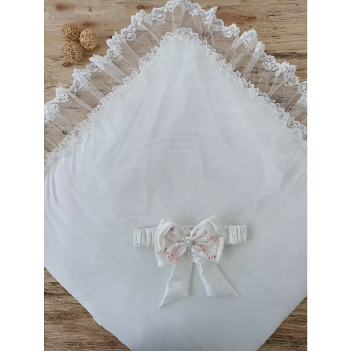 Yenidoğan Hanımeli Desenli Nakışlı Delüks Kundak Bebek Battaniyesi Ekru