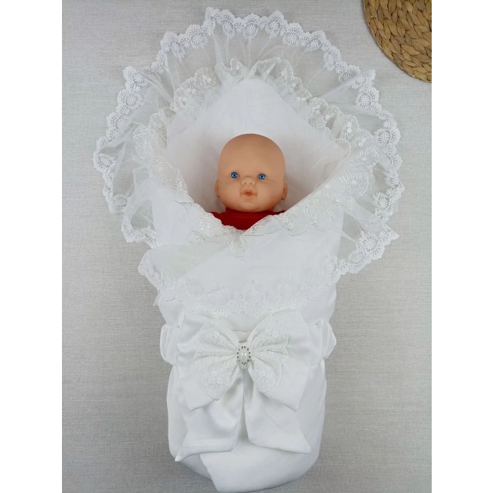 Yenidoğan İpek Pamuklu İnci Lüks Kundak Bebek Battaniyesi Ekru