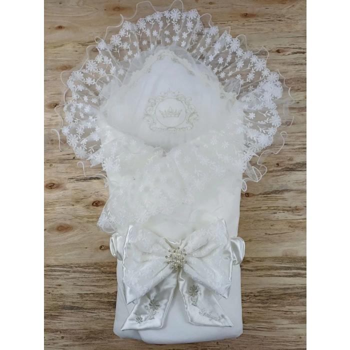 Yenidoğan İpek Venüs Nakışlı Delüks Kundak Bebek Battaniyesi Ekru