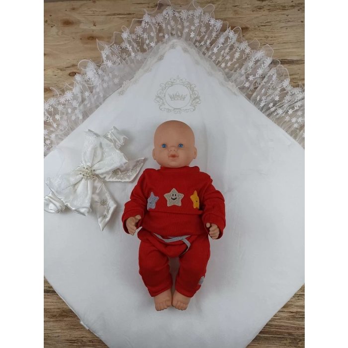 Yenidoğan İpek Venüs Nakışlı Delüks Kundak Bebek Battaniyesi Ekru