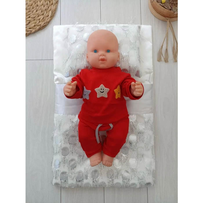 Yenidoğan İzmir İncisi Tül İşlemeli Pamuklu Fiyonklu Kundaklı Lüks 3Lü Alt Açma Seti