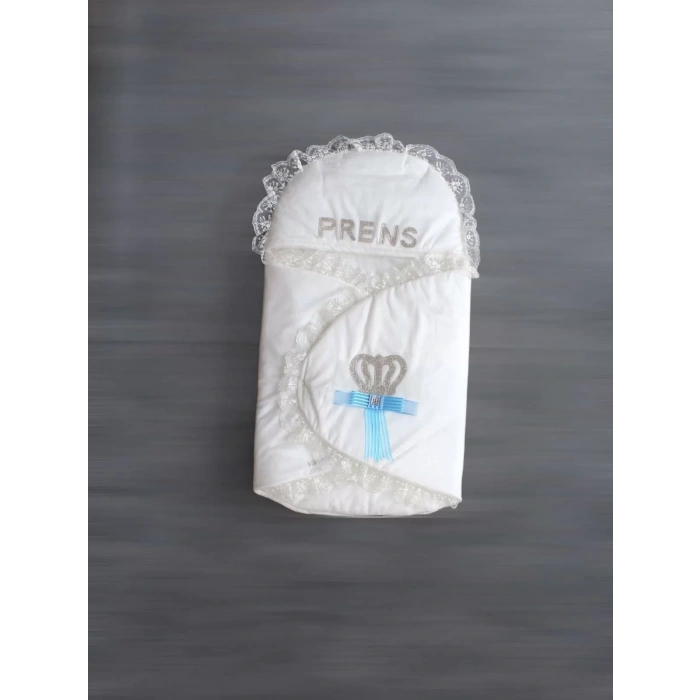 Yenidoğan Kral Nakışlı Kundak Erkek Bebek Battaniyesi Ekru