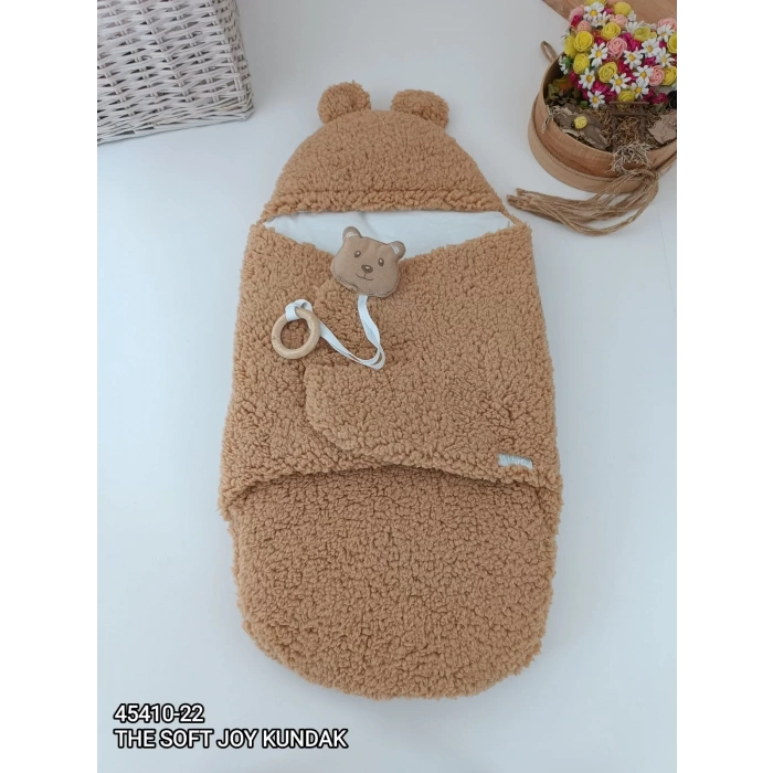 Yenidoğan Kulaklı Şapkalı Açılır Kucaklı Cırt Kapamalı Bebek Battaniyesi Kundak Kahverengi