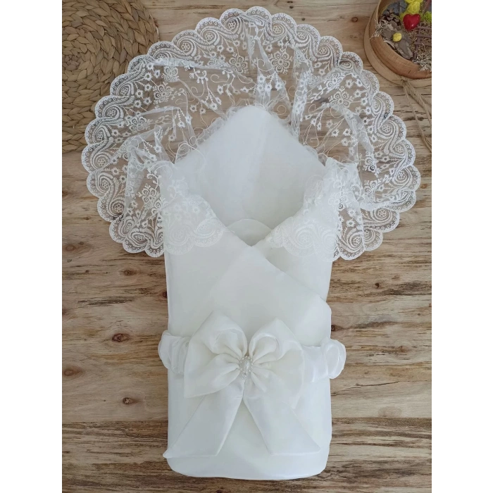Yenidoğan Kumru İnci Fiyonk Kristal Parlak Duvaklı Kundak Bebek Battaniyesi Ekru