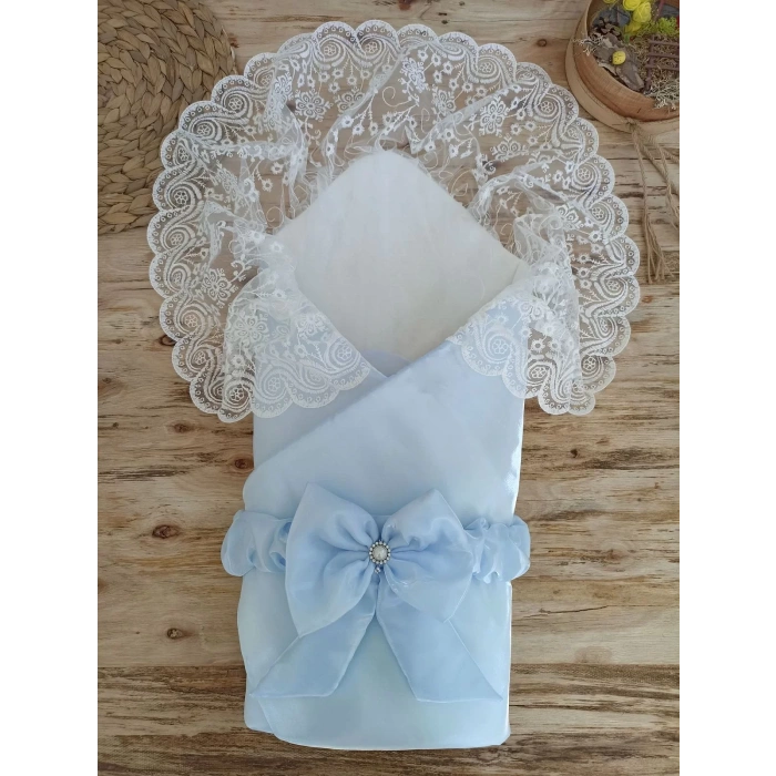 Yenidoğan Kumru İnci Fiyonk Kristal Parlak Duvaklı Kundak Bebek Battaniyesi Mavi