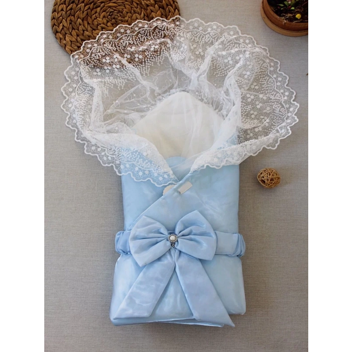 Yenidoğan Kumru İnci Fiyonk Kristal Parlak Duvaklı Kundak Bebek Battaniyesi Mavi