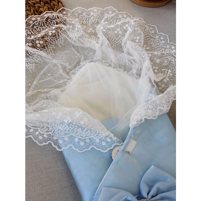 Yenidoğan Kumru İnci Fiyonk Kristal Parlak Duvaklı Kundak Bebek Battaniyesi Mavi