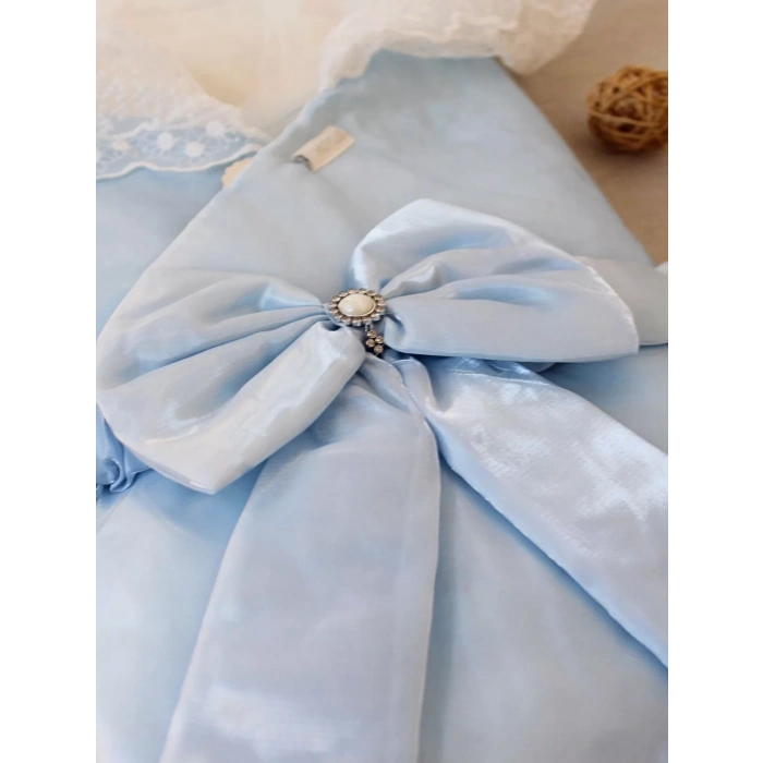 Yenidoğan Kumru İnci Fiyonk Kristal Parlak Duvaklı Kundak Bebek Battaniyesi Mavi