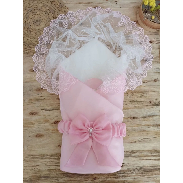 Yenidoğan Kumru İnci Fiyonk Kristal Parlak Duvaklı Kundak Bebek Battaniyesi Pembe