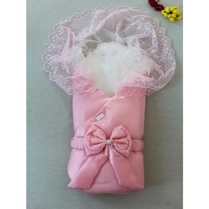 Yenidoğan Kumru İnci Fiyonk Kristal Parlak Duvaklı Kundak Bebek Battaniyesi Pembe