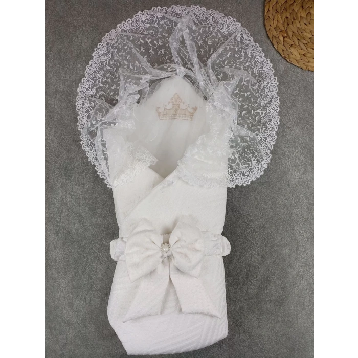 Yenidoğan Kumru Plazma Taçlı Lüks Kundak Bebek Battaniyesi Ekru