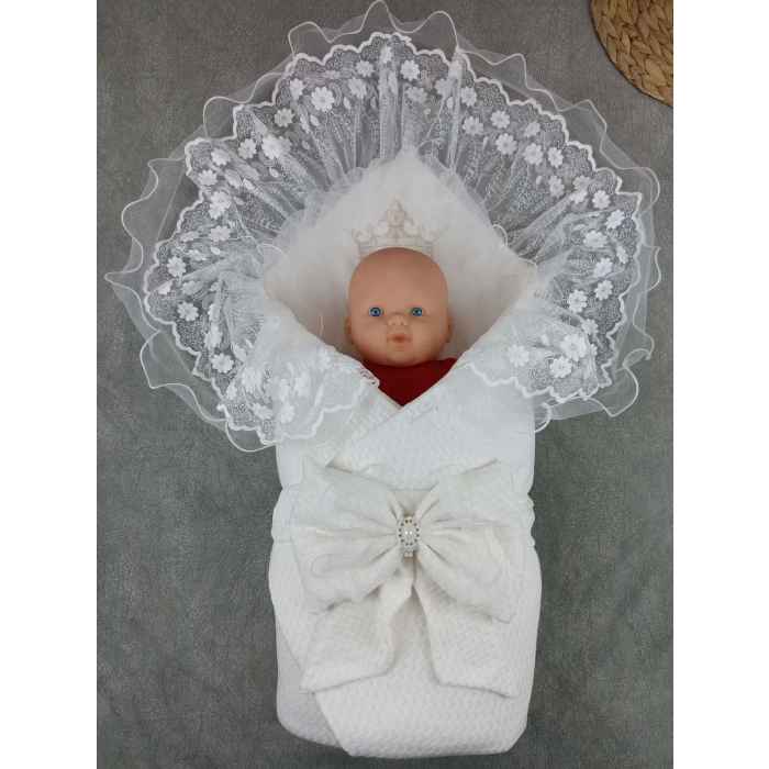 Yenidoğan Kumru Soft Nakışlı Trilüks Kundak Bebek Battaniyesi Ekru