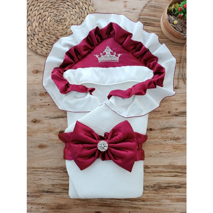 Yenidoğan Mehtap Lüks Kelebek Nakışlı Bebek Battaniyesi Kundak Bordo