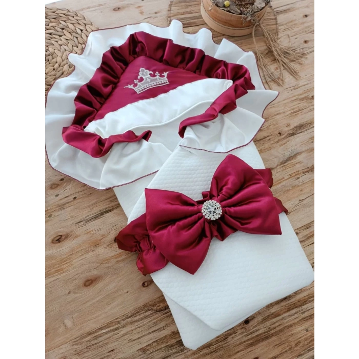 Yenidoğan Mehtap Lüks Kelebek Nakışlı Bebek Battaniyesi Kundak Bordo