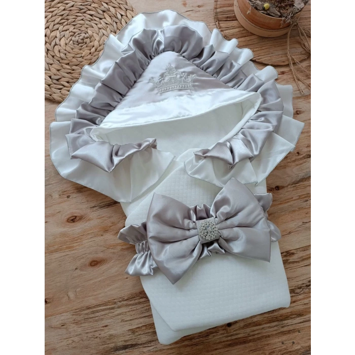 Yenidoğan Mehtap Lüks Kelebek Nakışlı Bebek Battaniyesi Kundak Gri