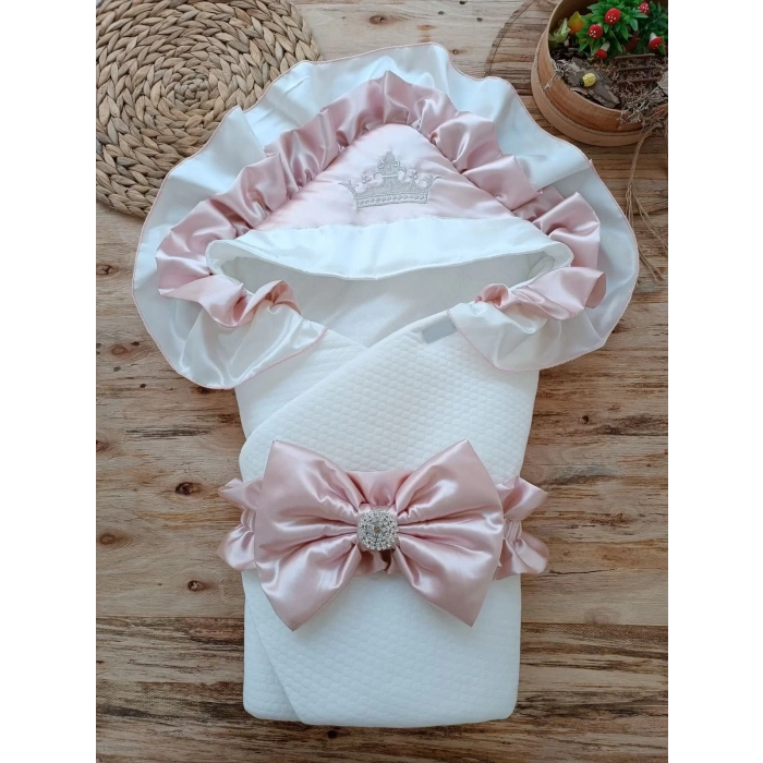 Yenidoğan Mehtap Lüks Kelebek Nakışlı Bebek Battaniyesi Kundak Gül Kurusu