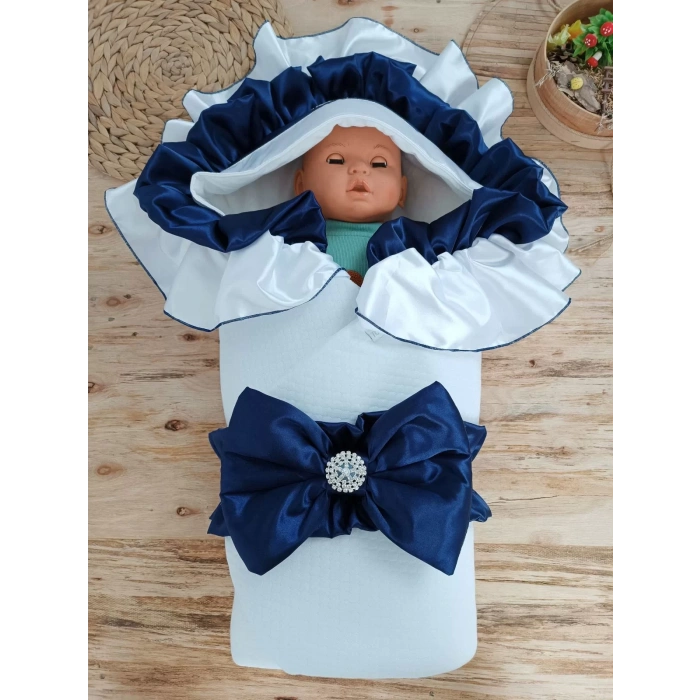 Yenidoğan Mehtap Lüks Kelebek Nakışlı Bebek Battaniyesi Kundak Lacivert