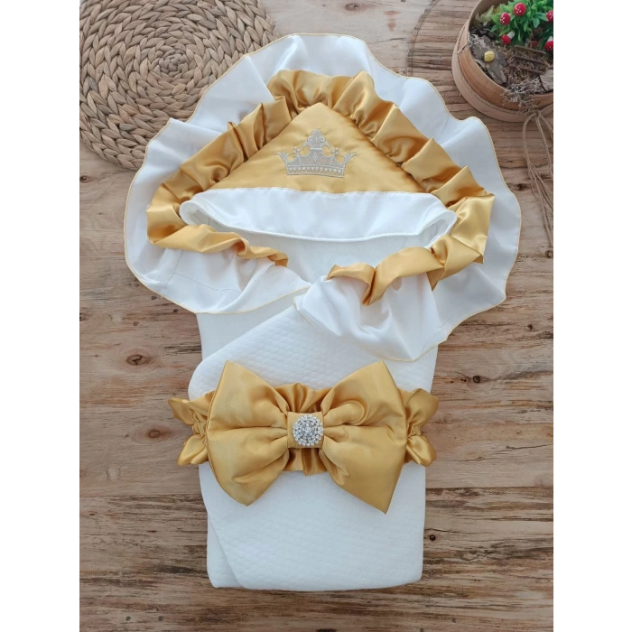 Yenidoğan Mehtap Lüks Kelebek Nakışlı Bebek Battaniyesi Kundak Sarı