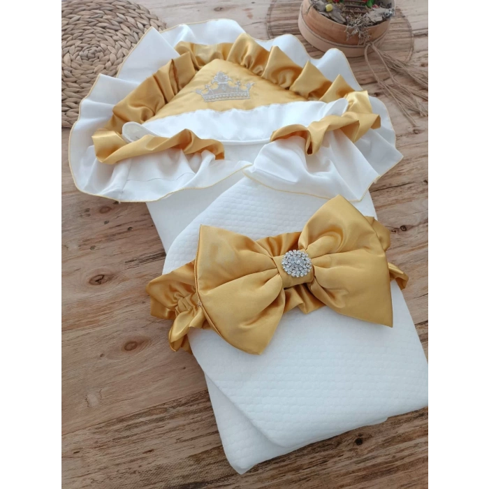 Yenidoğan Mehtap Lüks Kelebek Nakışlı Bebek Battaniyesi Kundak Sarı