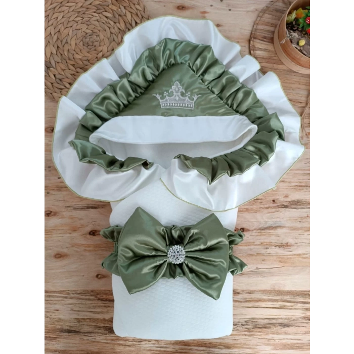 Yenidoğan Mehtap Lüks Kelebek Nakışlı Bebek Battaniyesi Kundak Yeşil