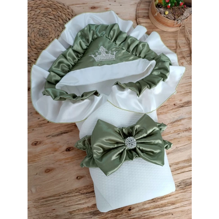 Yenidoğan Mehtap Lüks Kelebek Nakışlı Bebek Battaniyesi Kundak Yeşil