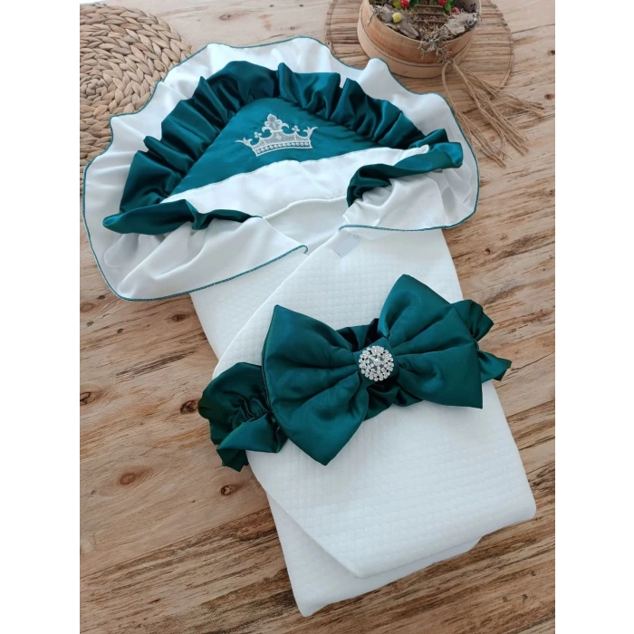 Yenidoğan Mehtap Lüks Kelebek Nakışlı Bebek Battaniyesi Kundak Zümrüt Yeşili