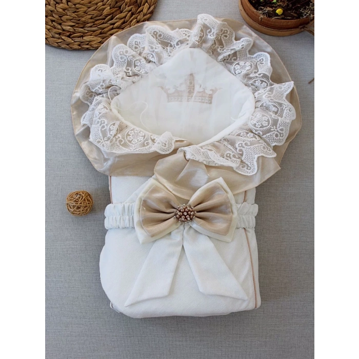 Yenidoğan Nil Nakışlı Kumru Kundak Bebek Battaniyesi Sütlü Kahve