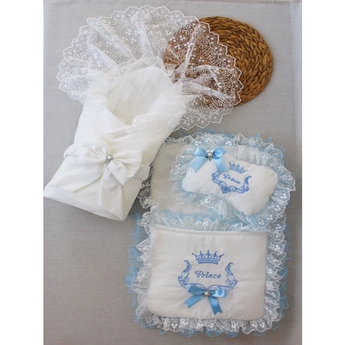 Yenidoğan Nil Nakışlı Kundaklı Trilüks 3Lü Alt Açma Seti Mavi