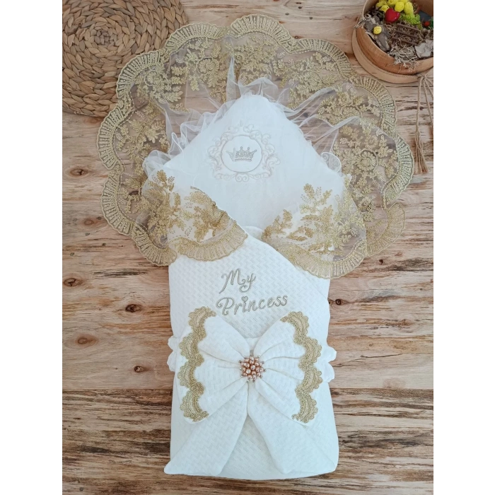 Yenidoğan Pamuk Benim Prensesim Nakışlı Trilüks Kundak Bebek Battaniyesi Ekru