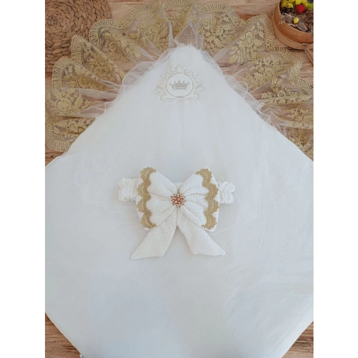 Yenidoğan Pamuk Benim Prensesim Nakışlı Trilüks Kundak Bebek Battaniyesi Ekru