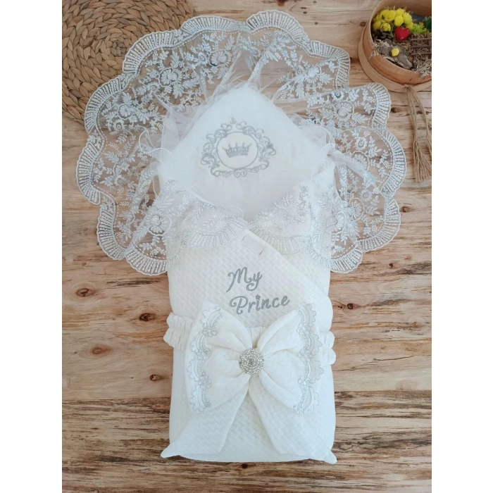 Yenidoğan Pamuk Benim Prensim Nakışlı Trilüks Kundak Bebek Battaniyesi Ekru