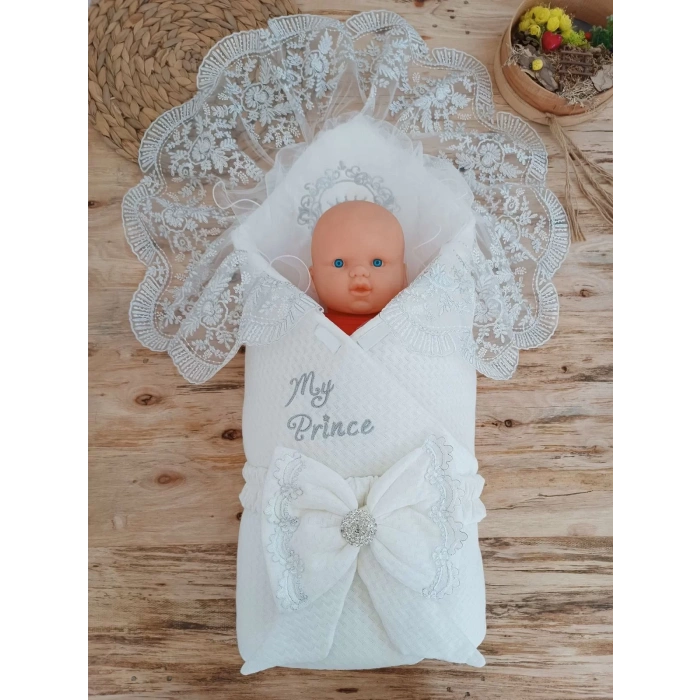 Yenidoğan Pamuk Benim Prensim Nakışlı Trilüks Kundak Bebek Battaniyesi Ekru