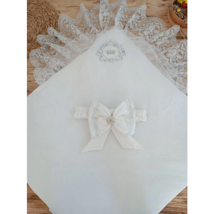 Yenidoğan Pamuk Benim Prensim Nakışlı Trilüks Kundak Bebek Battaniyesi Ekru