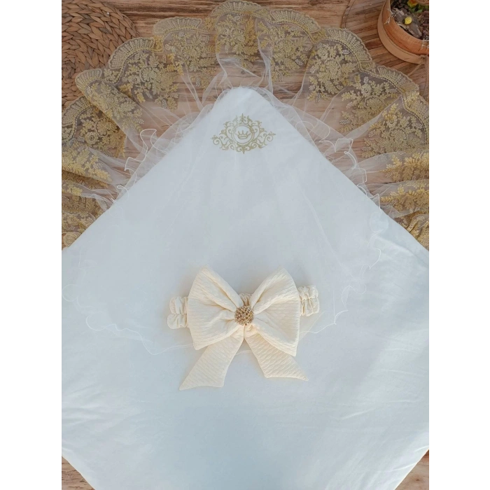 Yenidoğan Piramitland Taşlı Gold Güpür İşleme Bebek Battaniyesi Kundak Ekru