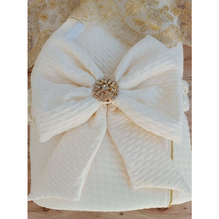 Yenidoğan Piramitland Taşlı Gold Güpür İşleme Bebek Battaniyesi Kundak Ekru