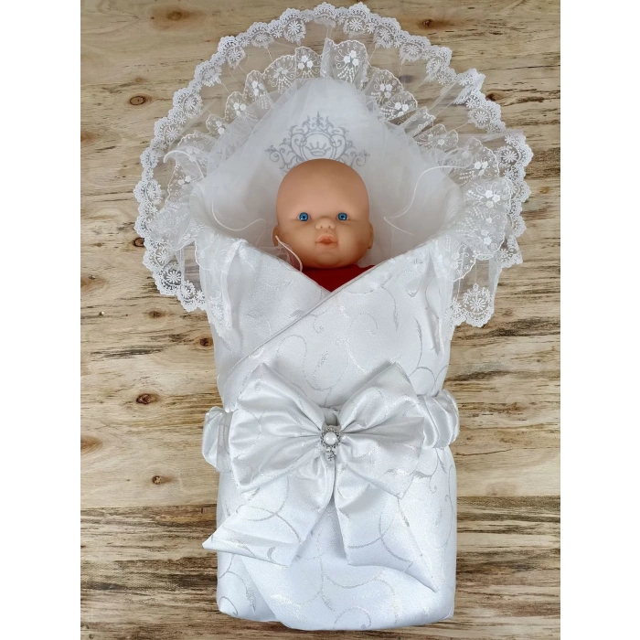 Yenidoğan Pırıltı Nakışlı İnci Delüks Kundak Bebek Battaniyesi Ekru